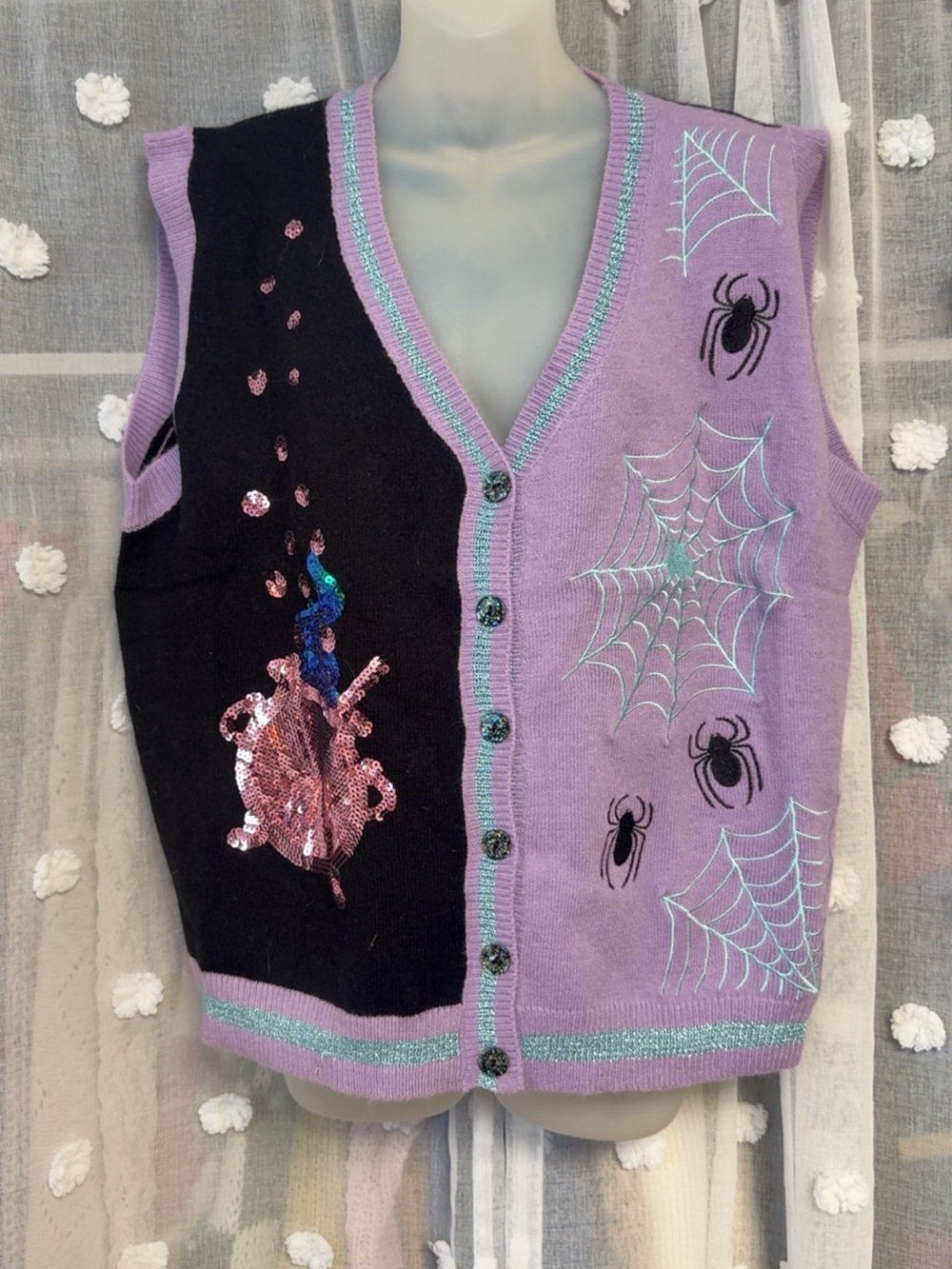NWT GRACE+EMMA Lavender & Black Embroidered Spider Web Sweater Vest